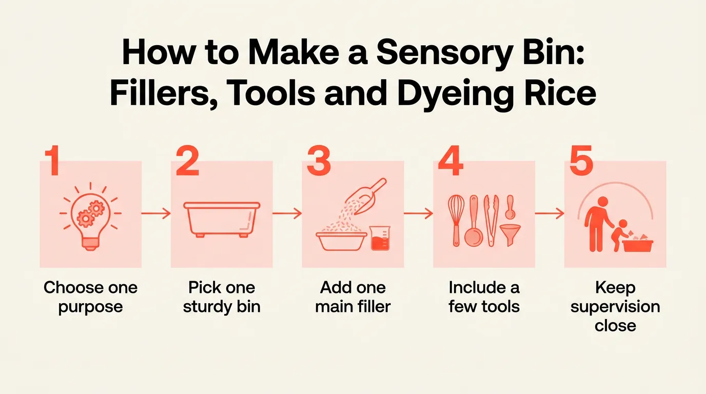 A simple sensory bin formula: container, base, tools and play action