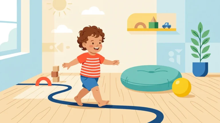 A toddler moving across a simple indoor play space with a tape line, a cushion, and a ball in a bright, uncluttered room