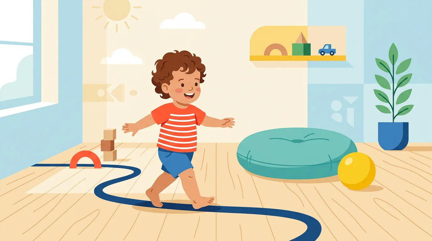 A toddler moving across a simple indoor play space with a tape line, a cushion, and a ball in a bright, uncluttered room