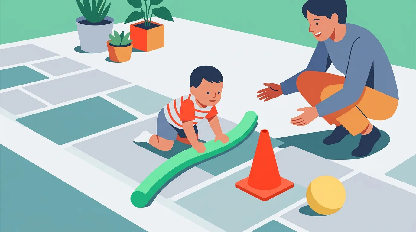 Toddler following a ground-level route with a soft ball and an adult nearby