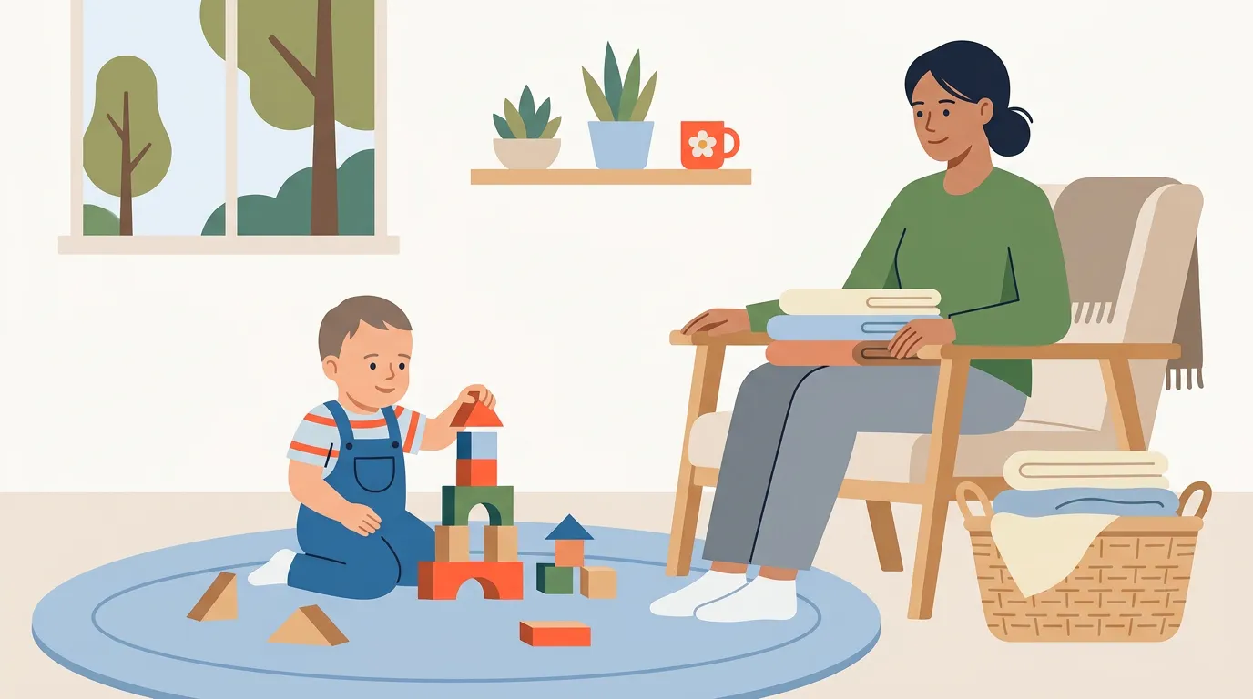 Toddler playing with blocks while an adult folds laundry nearby and remains attentive