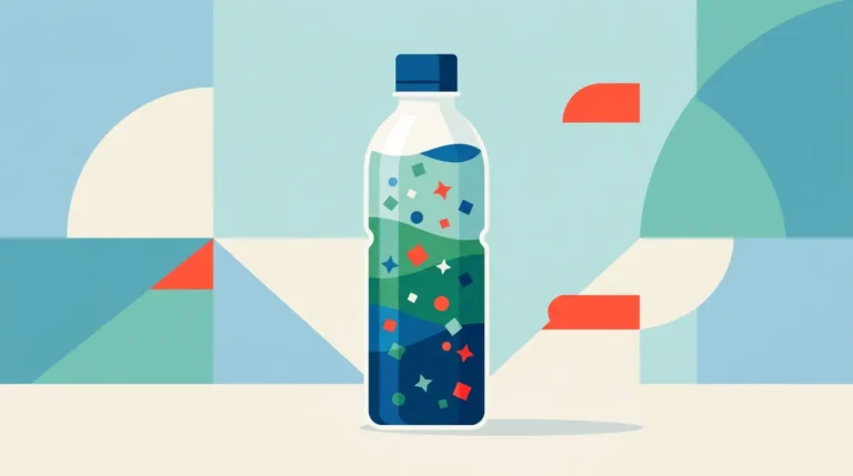 A single clear plastic sensory bottle with layered liquid and suspended glitter standing on a clean neutral surface