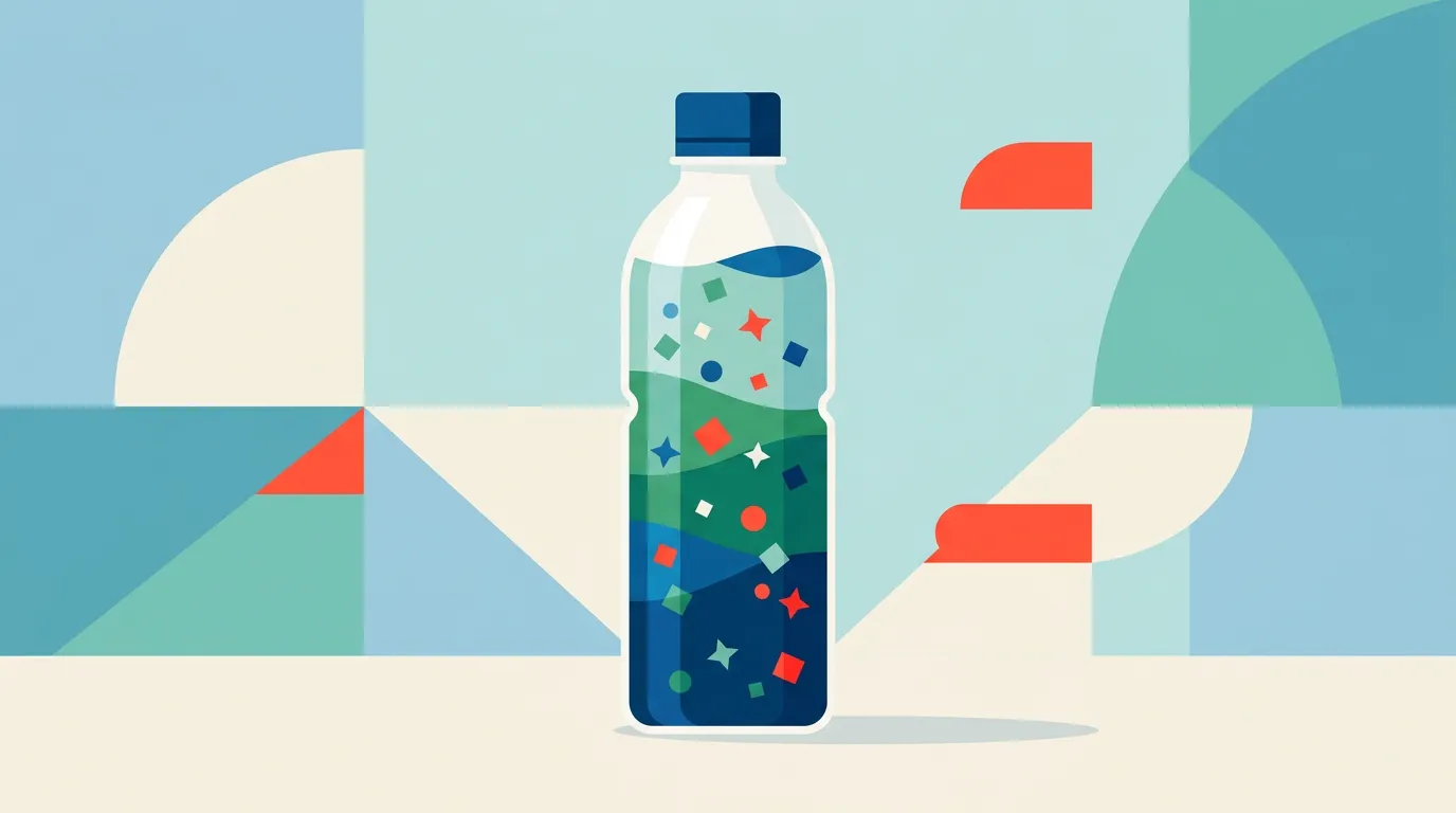 A single clear plastic sensory bottle with layered liquid and suspended glitter standing on a clean neutral surface