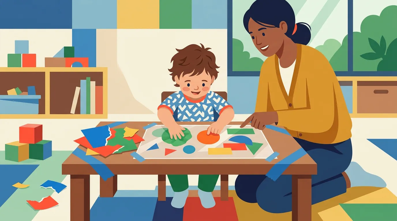 Toddler using large paper pieces and stickers for a supervised open-ended collage