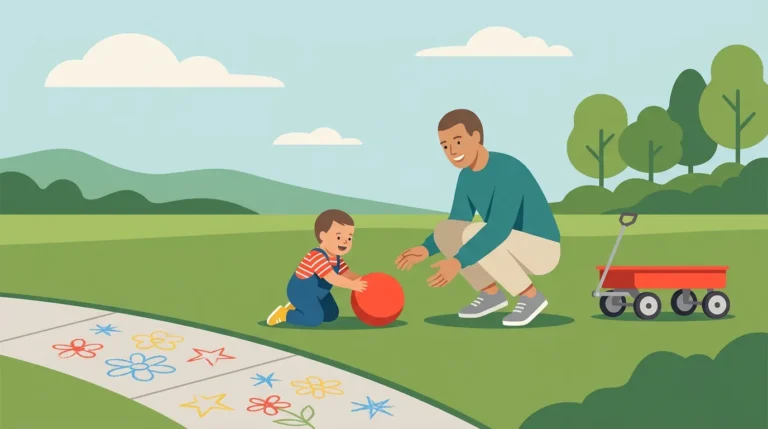 A toddler and caregiver playing outdoors on a grassy lawn with a ball, sidewalk chalk marks, and a small wagon, in one calm open scene with plenty of space around them