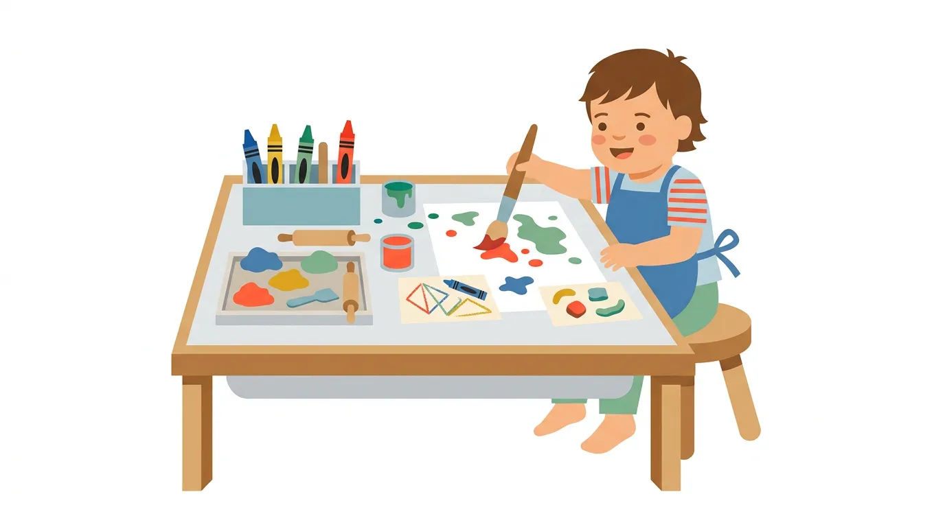 A toddler exploring paint, crayons, dough, and paper at a simple messy-play table with a washable surface, large tools, and plenty of open space