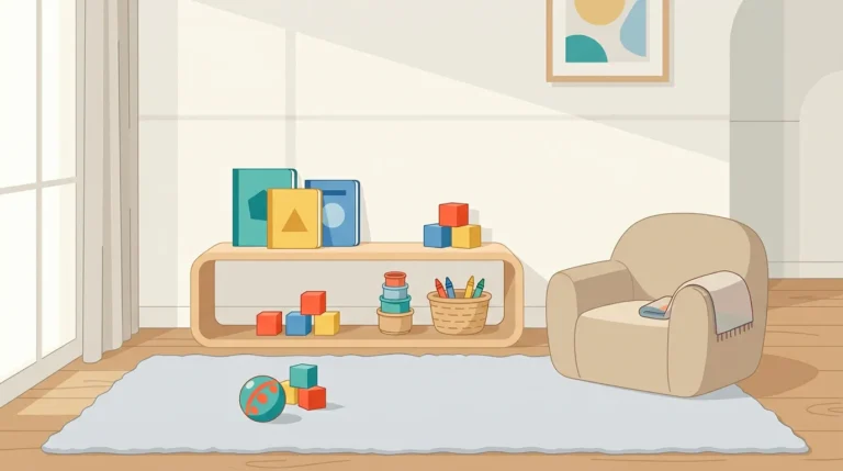 A bright childproof play corner with a few simple materials: board books, blocks, nesting cups, a basket of crayons, and a small toy ball on an uncluttered floor with open space around it