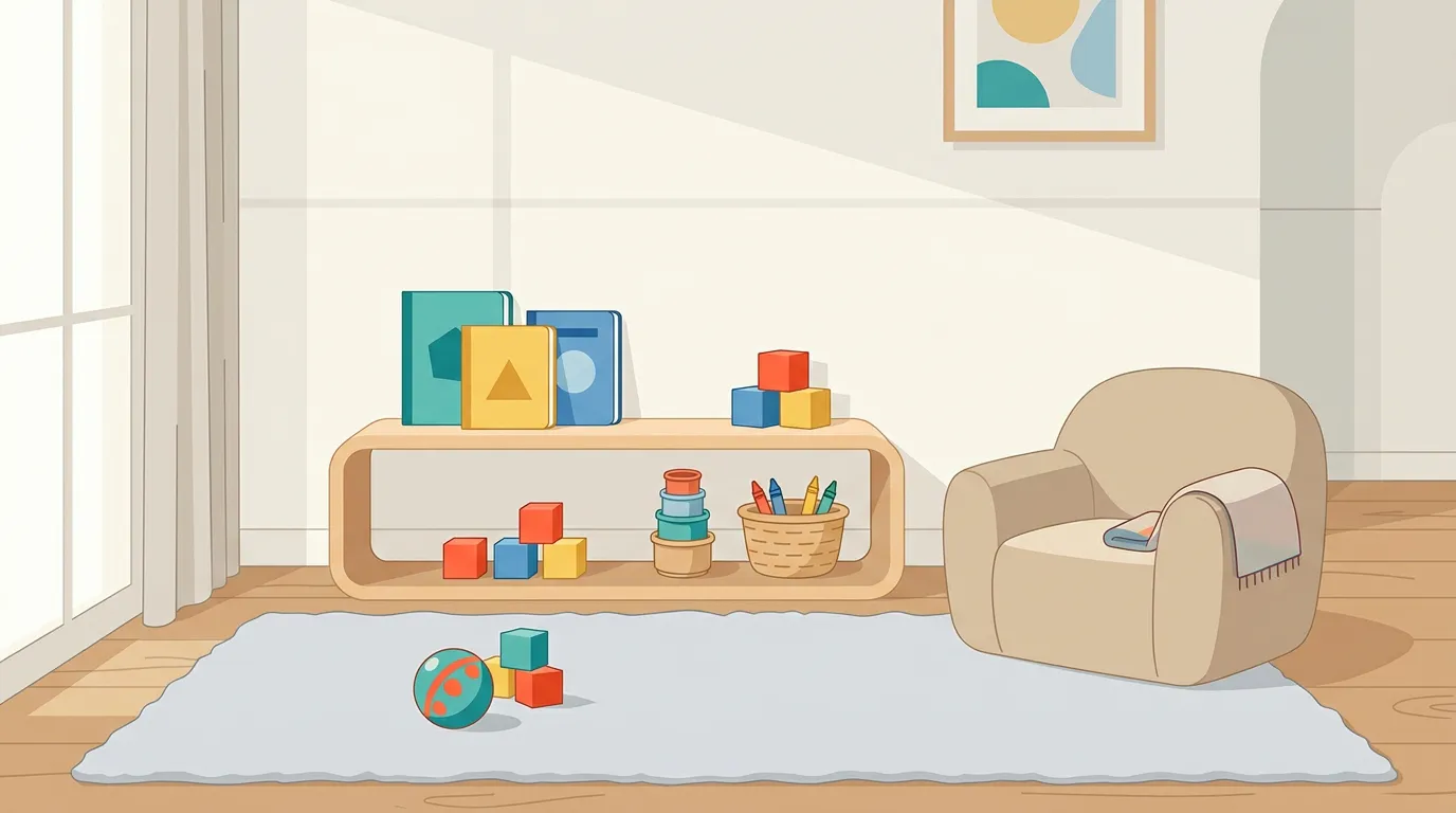 A bright childproof play corner with a few simple materials: board books, blocks, nesting cups, a basket of crayons, and a small toy ball on an uncluttered floor with open space around it