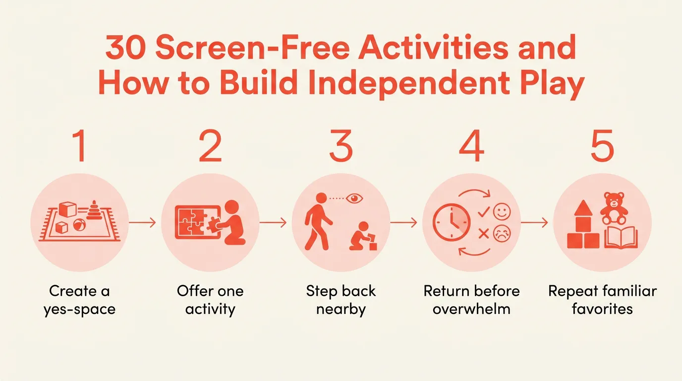 Simple independent-play routine with connection, one invitation, nearby adult, and calm return