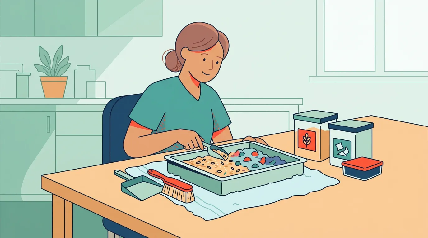 Adult sorting reusable sensory-bin material from items that must be discarded