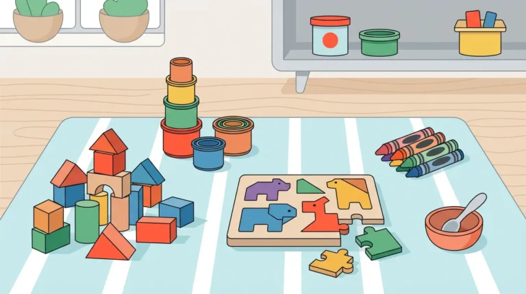 Age-safe toddler fine motor play items arranged in a simple, uncluttered play scene
