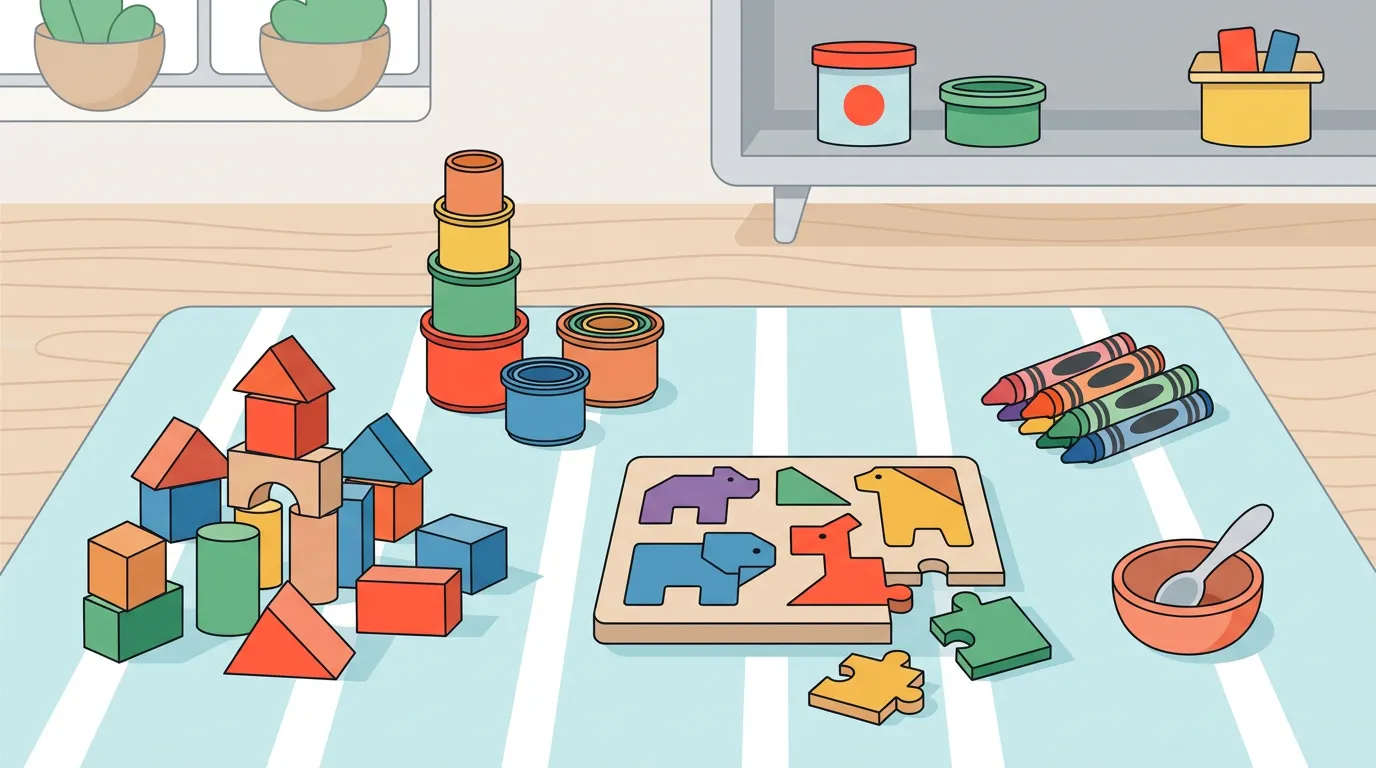 Age-safe toddler fine motor play items arranged in a simple, uncluttered play scene