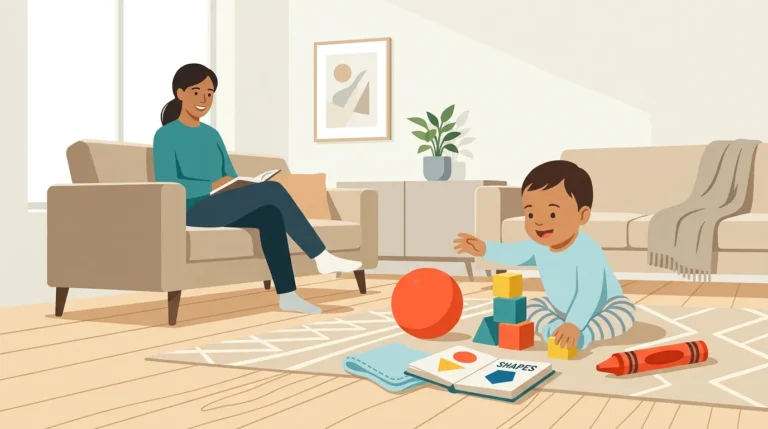 A bright, uncluttered living room scene with a toddler exploring simple play materials on the floor: a soft ball, stacking blocks, a board book, a washcloth, and a large crayon, with open space and a caregiver nearby
