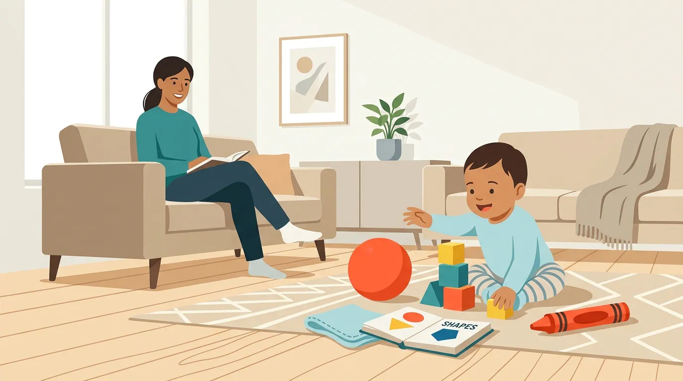 A bright, uncluttered living room scene with a toddler exploring simple play materials on the floor: a soft ball, stacking blocks, a board book, a washcloth, and a large crayon, with open space and a caregiver nearby