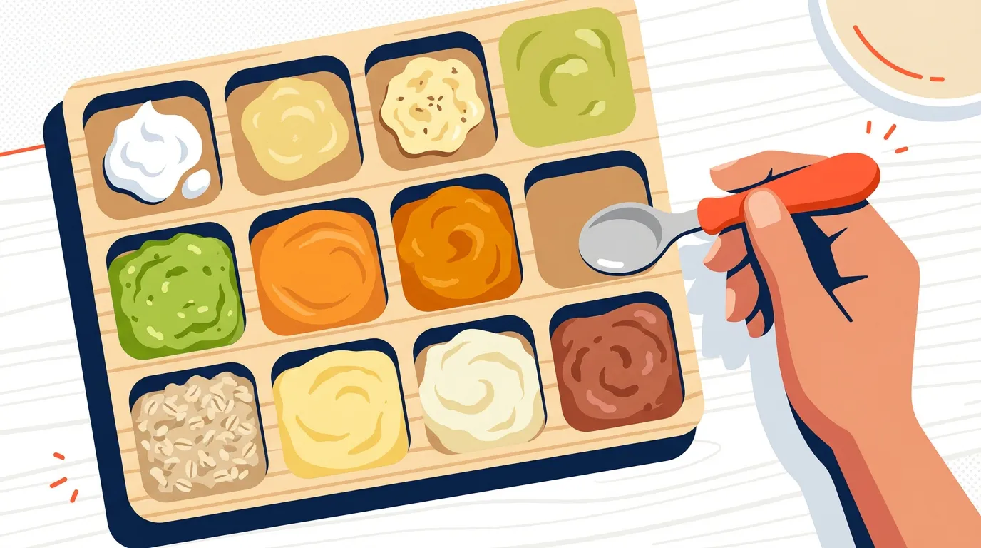 Small separate portions of ten smooth, spreadable food textures with an adult hand nearby
