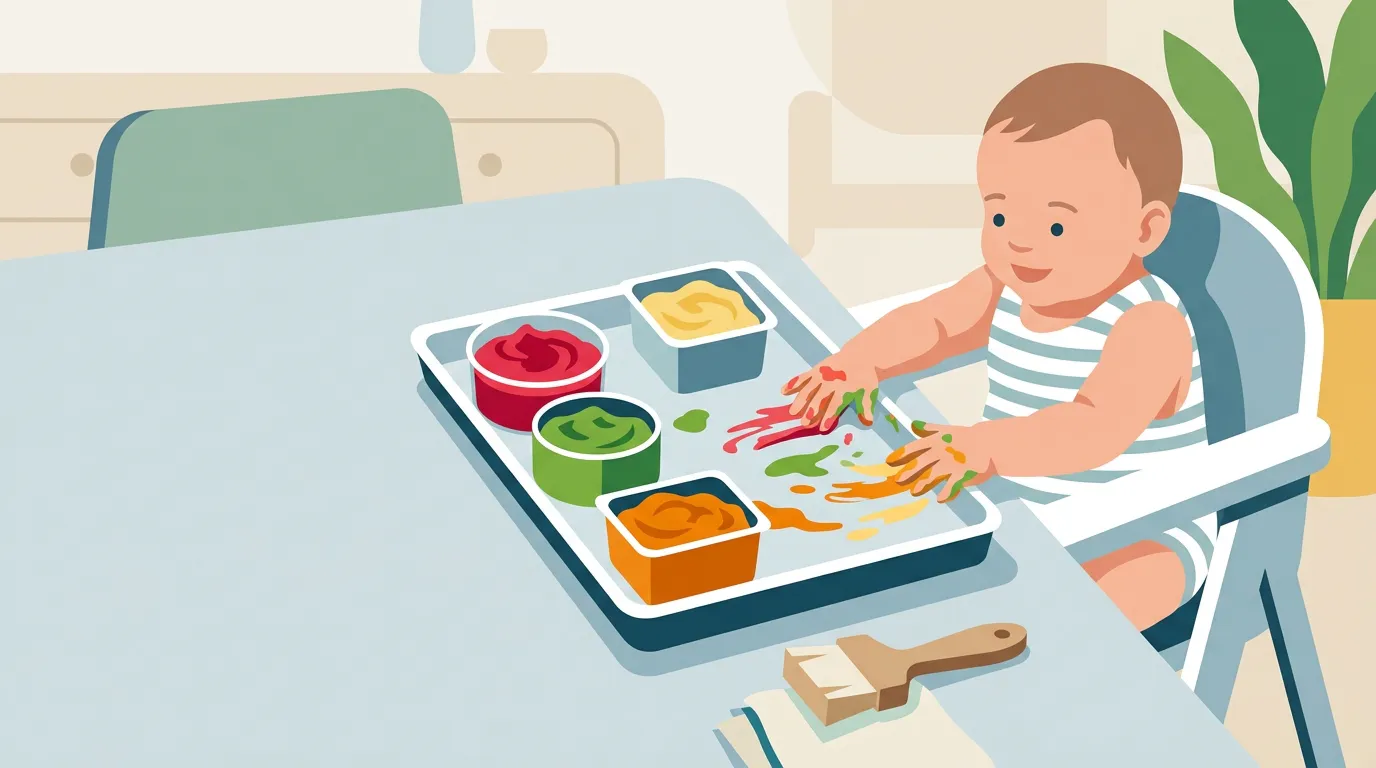 A baby exploring a small tray of colorful food-based paint made from yogurt and fruit and vegetable purees on a clean tabletop, with simple brushes and open space around the tray