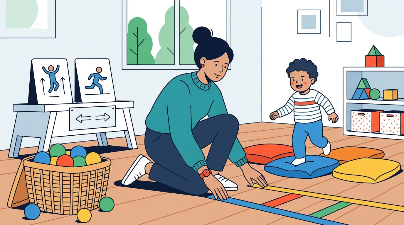 Adult arranging a simple tape path, soft ball, and low floor marker for toddler movement play
