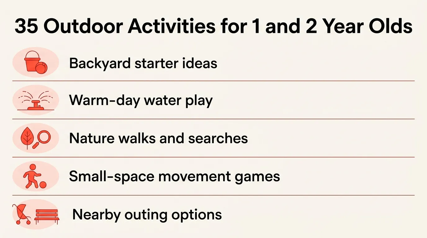 Outdoor toddler activities grouped by yard, water, nature, movement, and local outings