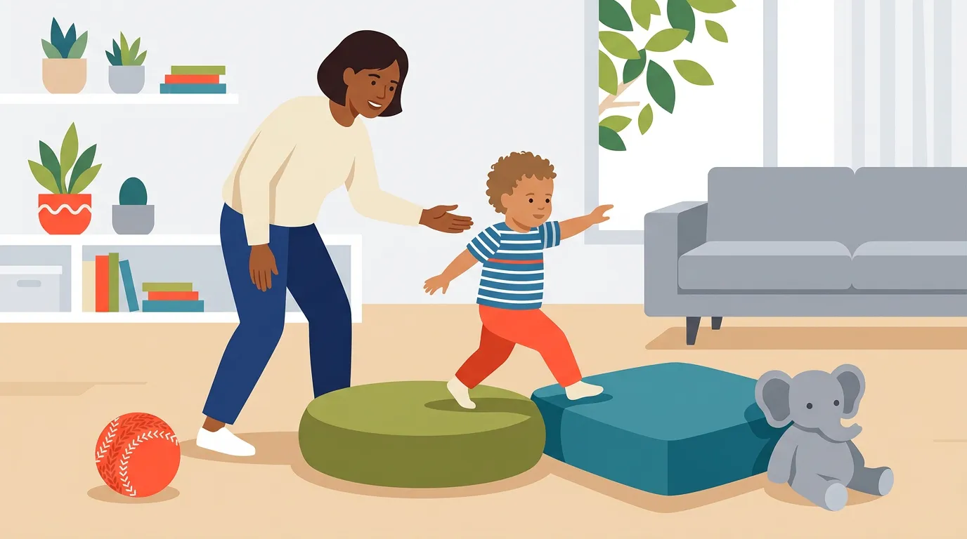 Toddler using a safe floor-level movement setup with an adult nearby