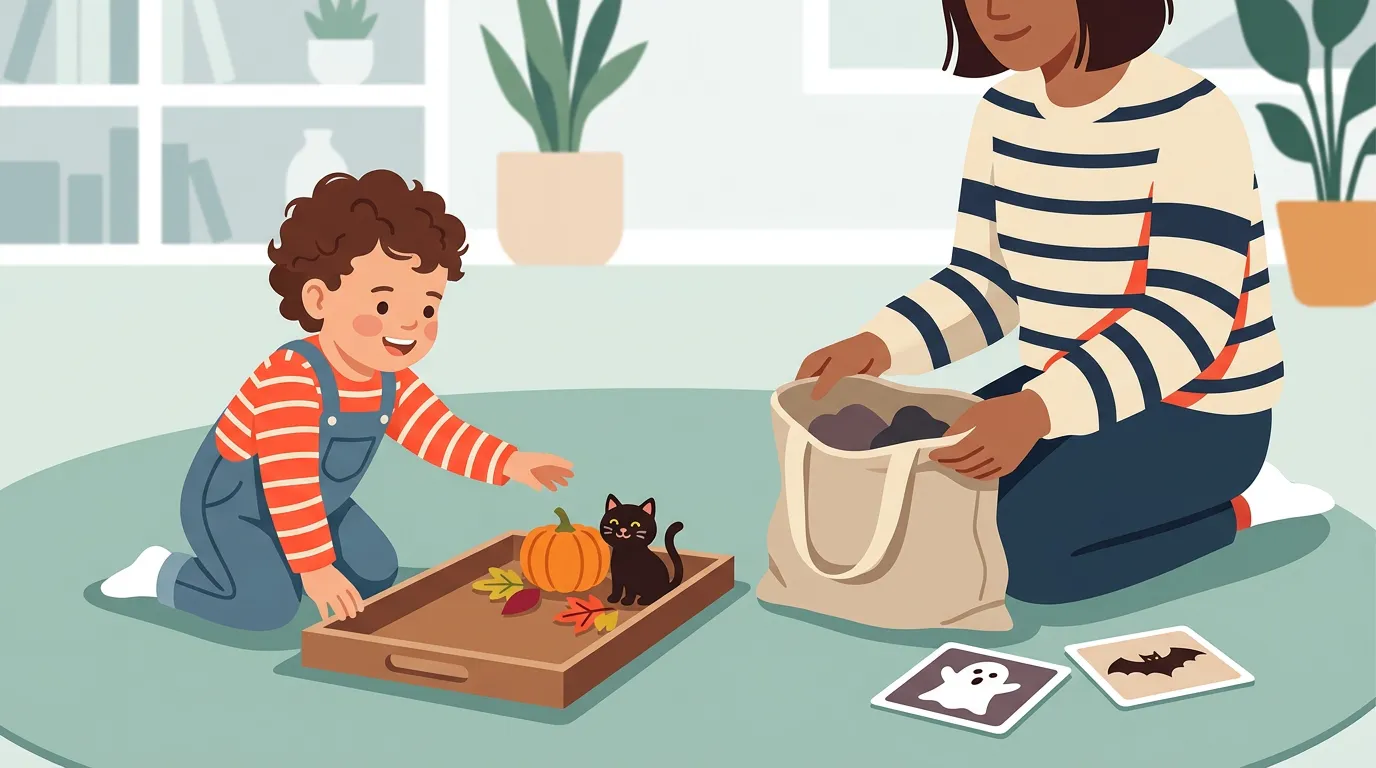 Toddler viewing a simple Halloween sensory tray with a caregiver nearby