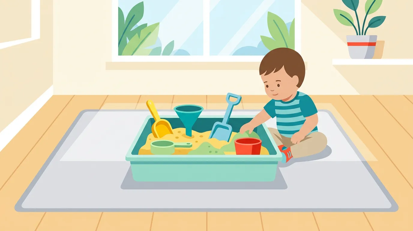 A shallow sensory bin on a washable mat with a few large tools and open space around it for toddler play