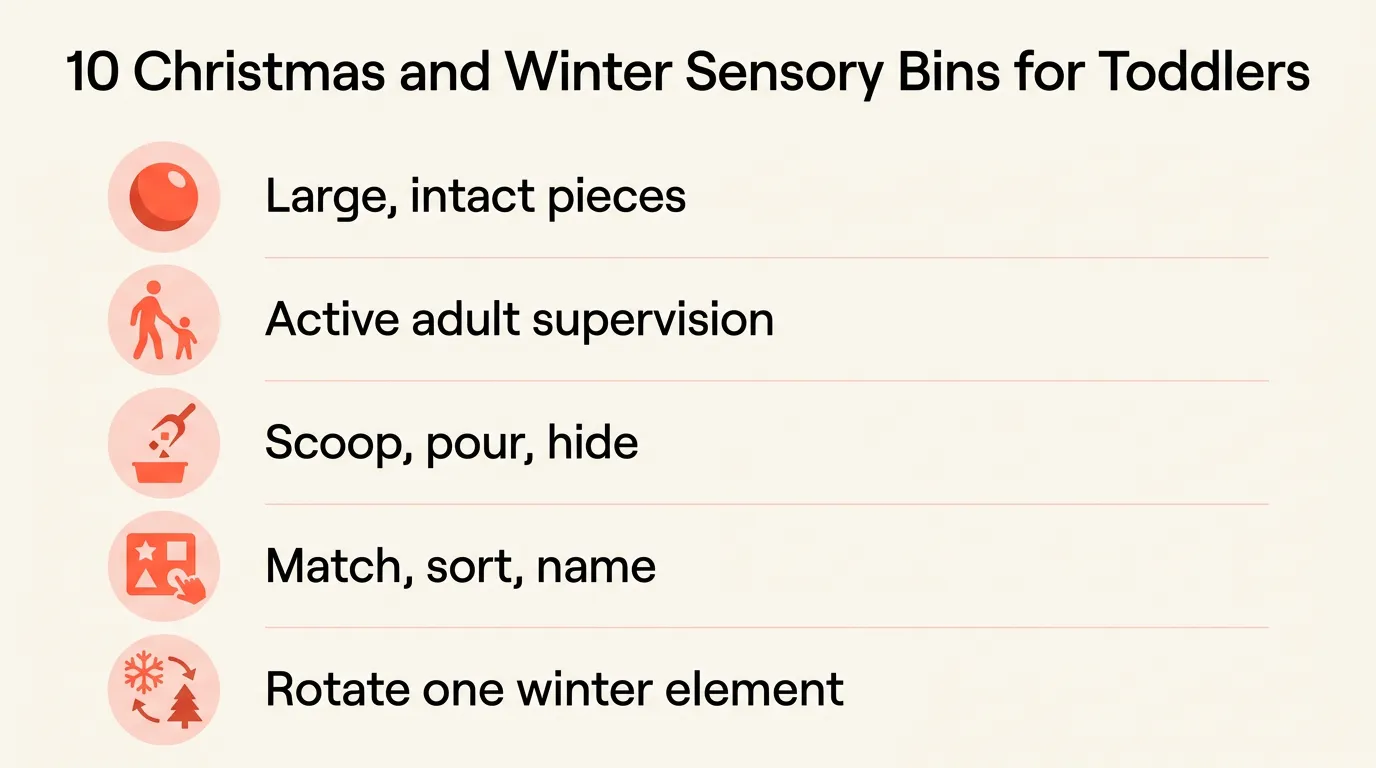 Winter sensory tray with large fabric snow, a cup, and chunky toddler-safe figures