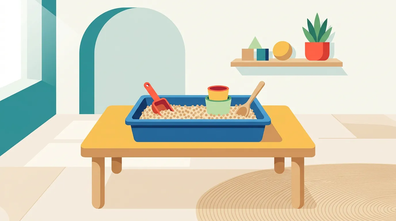 A simple sensory bin on a low table with one filler and a few scoops and cups, arranged with open space around it