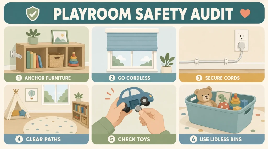 Six-part toddler playroom safety audit covering furniture, windows, cords, paths, toys and storage