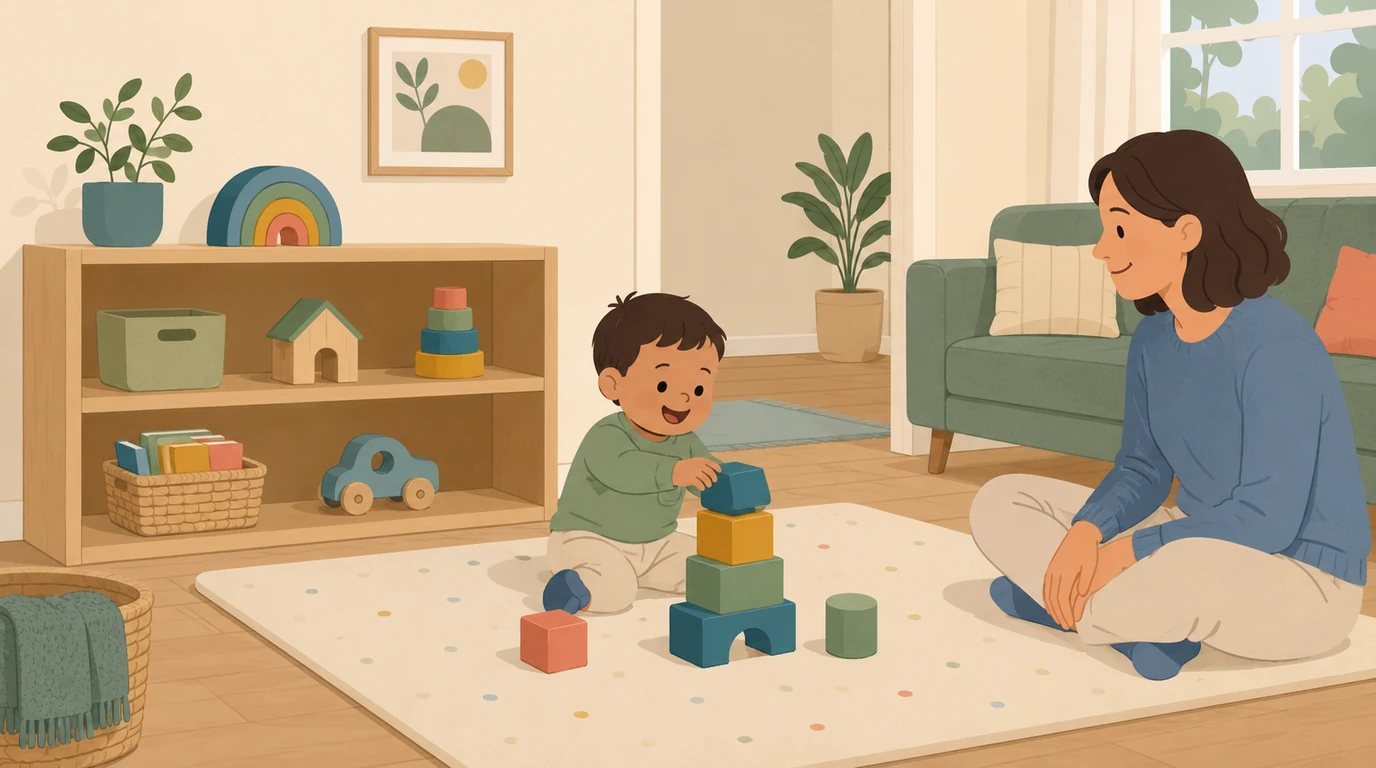 Toddler playing with blocks in a compact living-room play area while an adult sits nearby
