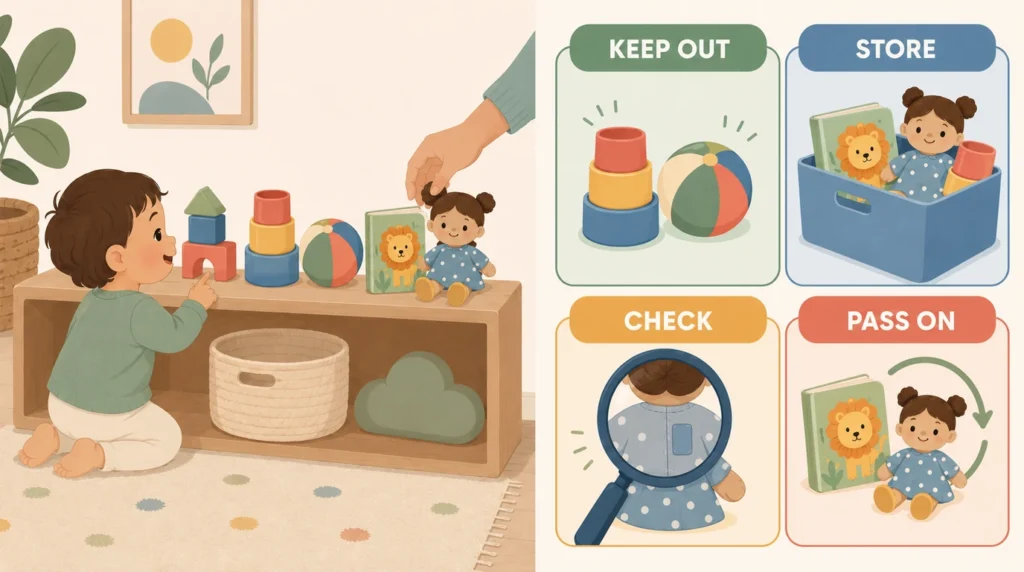 Four-group toy rotation system for toys to keep out, store, inspect and pass on
